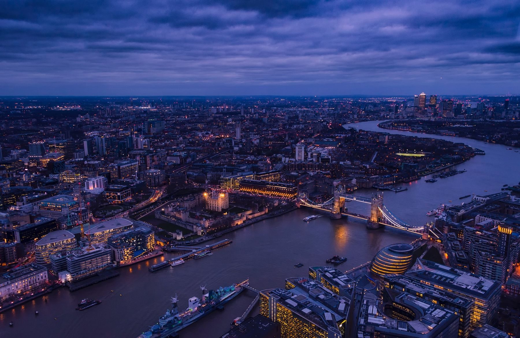 The Thames and Tower Bridge lit at twilight